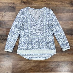 Lucky Brand Womens Shirt Small Blue V Neck Long Sleeve Tunic Keyhole Sleeve